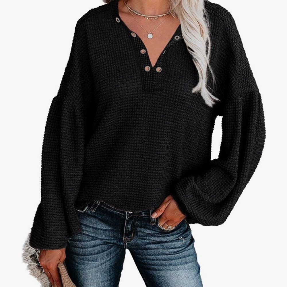Black Waffle Knit Henley Top - Women